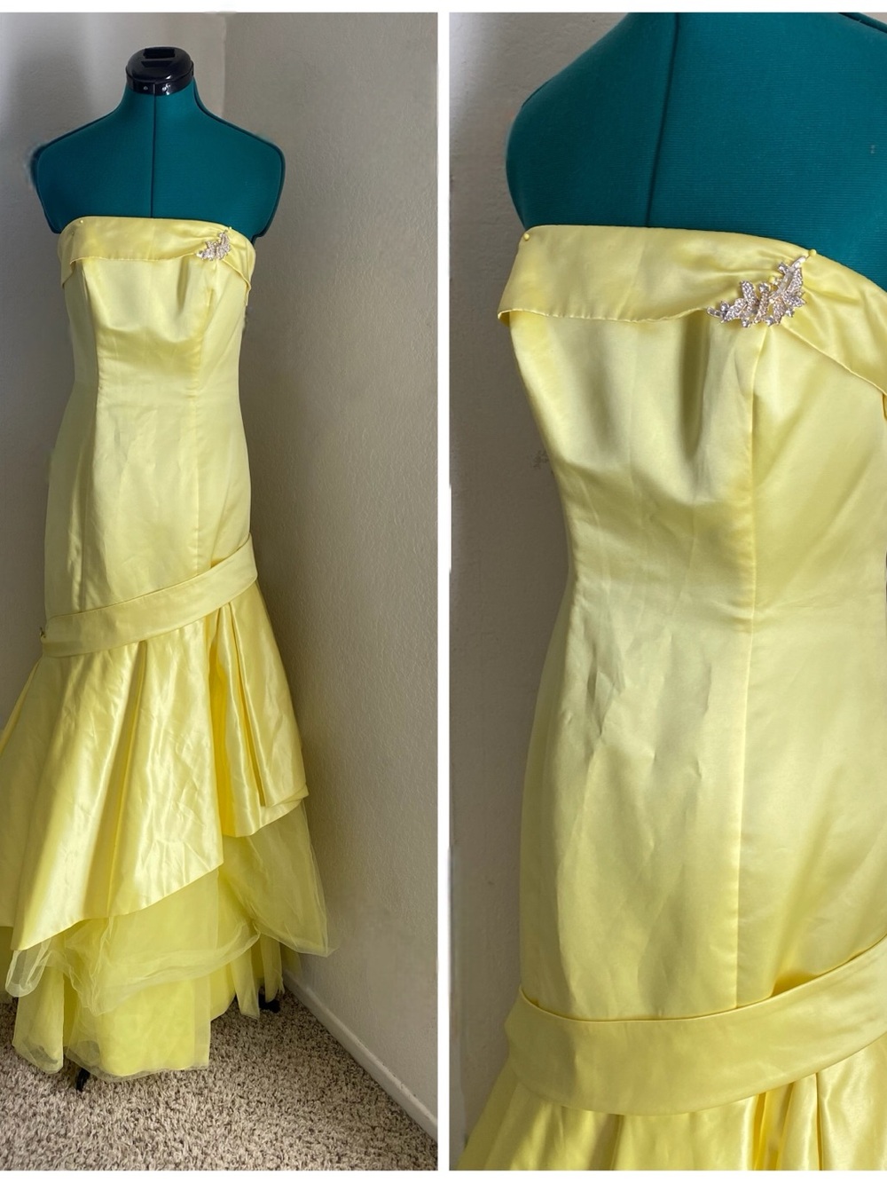 Tiffany Designs Strapless Yellow Satin Evening Gown with Crystal Accent 8